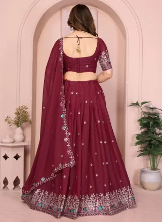 Embroidered and Zari Work Georgette A - Line Lehenga Choli In Maroon for Ceremonial