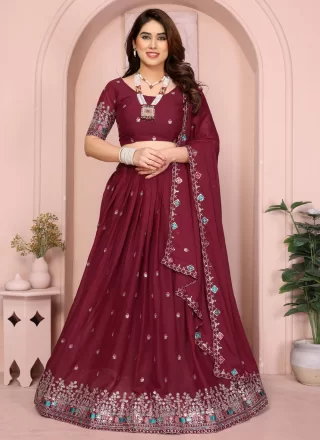 Embroidered and Zari Work Georgette A - Line Lehenga Choli In Maroon for Ceremonial