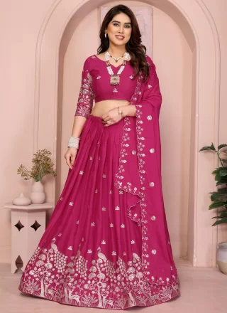 Embroidered and Zari Work Georgette A - Line Lehenga Choli In Rani