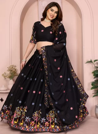 Embroidered and Zari Work Georgette Lehenga Choli In Black for Ceremonial