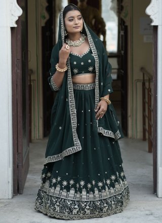Embroidered and Zari Work Georgette Lehenga Choli In Green for Ceremonial