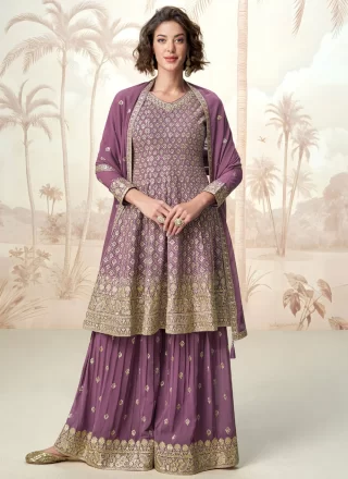 Embroidered and Zari Work Georgette Palazzo Salwar Suit In Purple Color