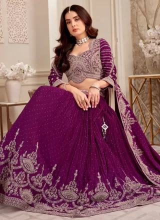 Embroidered and Zari Work Georgette Readymade Lehenga Choli In Purple