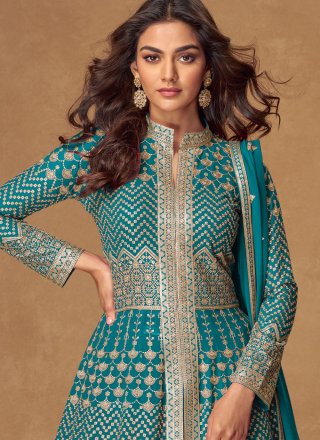 Embroidered and Zari Work Georgette Readymade Lehenga Choli In Rama for Engagement