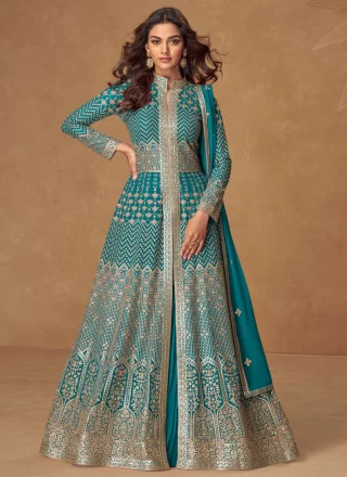 Embroidered and Zari Work Georgette Readymade Lehenga Choli In Rama for Engagement