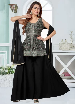 Embroidered and Zari Work Georgette Readymade Salwar Suit In Black