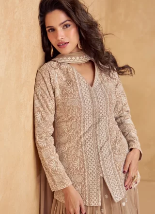 Embroidered and Zari Work Georgette Readymade Style In Brown for Engagement
