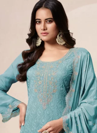 Embroidered and Zari Work Organza Salwar Suit