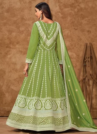 Embroidered and Zari Work Pure Dola Gown In Green