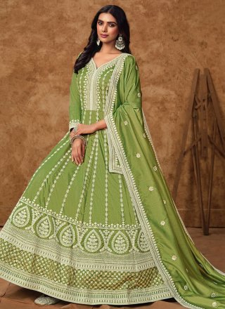 Embroidered and Zari Work Pure Dola Gown In Green
