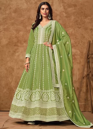 Embroidered and Zari Work Pure Dola Gown In Green