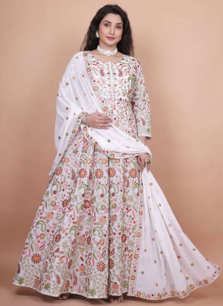 Embroidered and Zari Work Pure Georgette  Designer Gown In White for Engagement