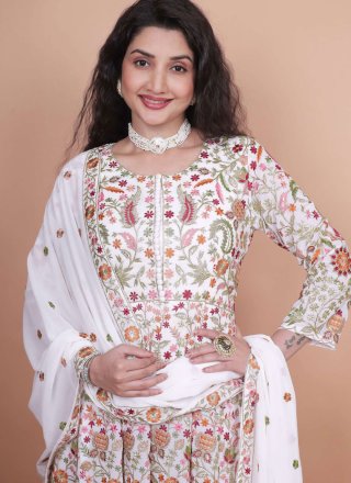 Embroidered and Zari Work Pure Georgette  Designer Gown In White for Engagement