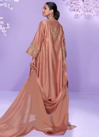 Embroidered and Zari Work Silk Anarkali Suit In Peach Color