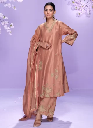 Embroidered and Zari Work Silk Anarkali Suit In Peach Color