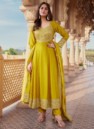 Embroidered and Zari Work Silk Anarkali Suit In Yellow for Engagement