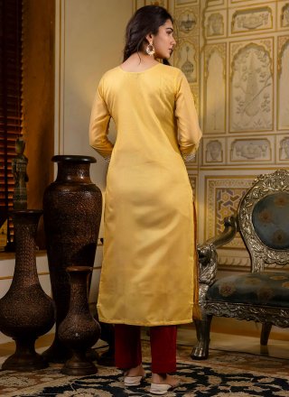 Embroidered and Zari Work Silk Blend Designer Kurti In Yellow Color