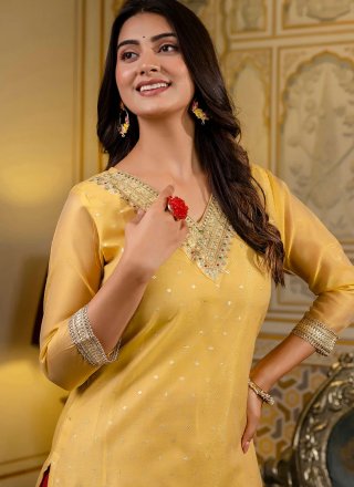 Embroidered and Zari Work Silk Blend Designer Kurti In Yellow Color