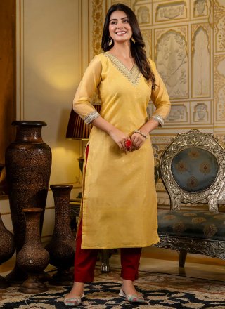 Embroidered and Zari Work Silk Blend Designer Kurti In Yellow Color