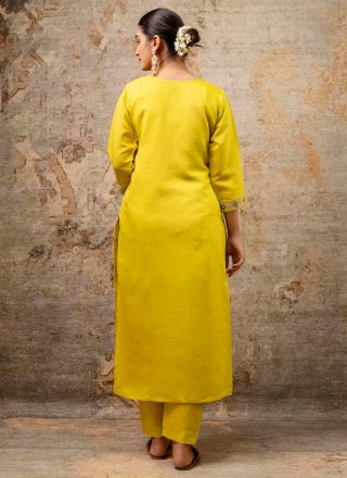 Embroidered and Zari Work Silk Blend Readymade Salwar Suit In Yellow