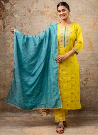 Embroidered and Zari Work Silk Blend Readymade Salwar Suit In Yellow