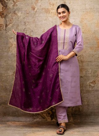 Embroidered and Zari Work Silk Blend Trendy Suit In Lavender