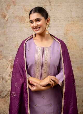 Embroidered and Zari Work Silk Blend Trendy Suit In Lavender