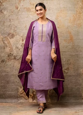 Embroidered and Zari Work Silk Blend Trendy Suit In Lavender