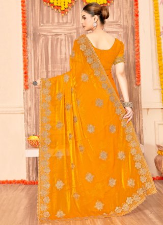 Embroidered and Zari Work Silk Contemporary Saree In Mustard for Ceremonial