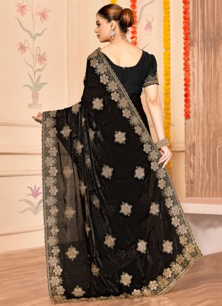 Embroidered and Zari Work Silk Contemporary Sari In Black