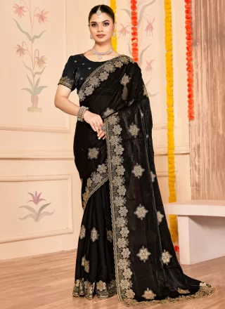 Embroidered and Zari Work Silk Contemporary Sari In Black