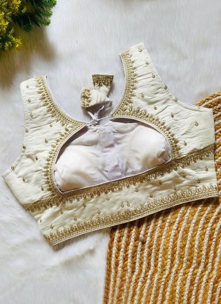 Embroidered and Zari Work Silk Designer Blouse In Off White Colour