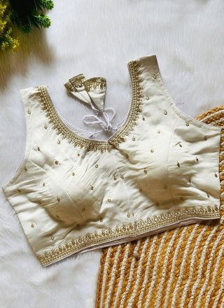 Embroidered and Zari Work Silk Designer Blouse In Off White Colour