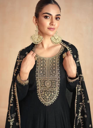Embroidered and Zari Work Silk  Designer Gown In Black for Ceremonial