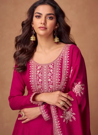 Embroidered and Zari Work Silk  Designer Gown In Magenta and Rani for Ceremonial