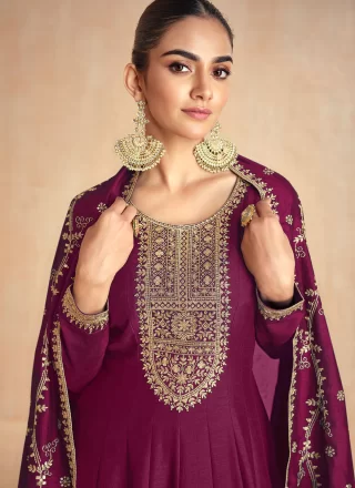 Embroidered and Zari Work Silk Gown In Wine