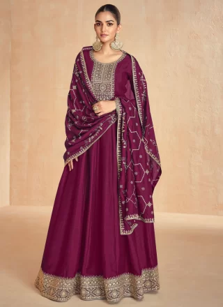 Embroidered and Zari Work Silk Gown In Wine