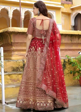 Embroidered and Zari Work Silk Lehenga Choli In Maroon Color