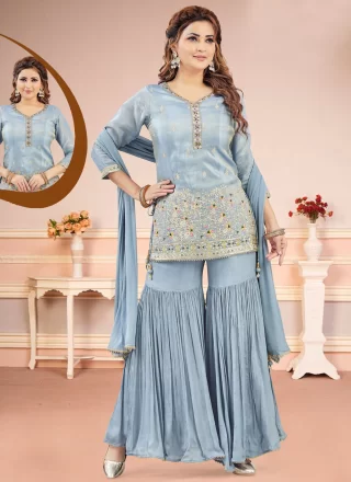 Embroidered and Zari Work Silk Palazzo Salwar Suit In Blue Colour