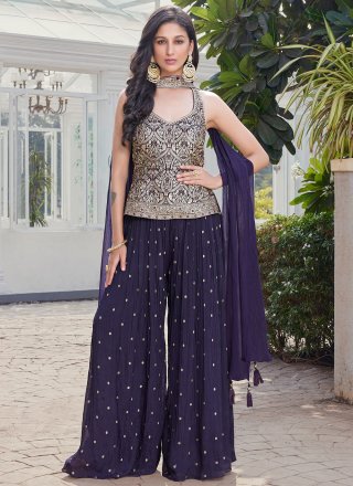 Embroidered and Zari Work Silk Palazzo Salwar Suit In Blue for Engagement
