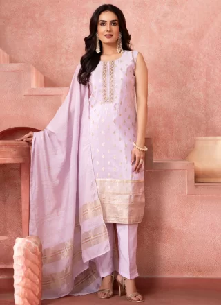 Embroidered and Zari Work Silk Pant Style Suit In Mauve