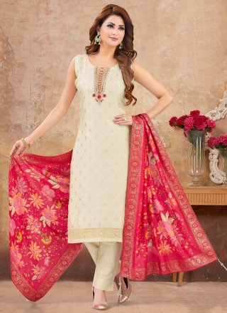 Embroidered and Zari Work Silk Pant Style Suit In Off White for Ceremonial