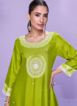 Embroidered and Zari Work Silk Party Wear Kurti In Green for Casual