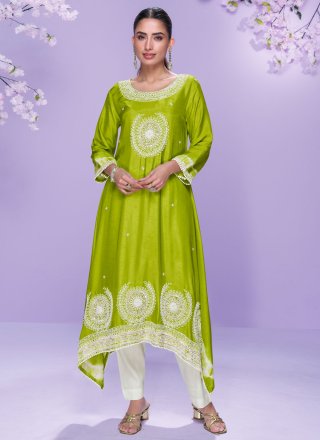 Embroidered and Zari Work Silk Party Wear Kurti In Green for Casual