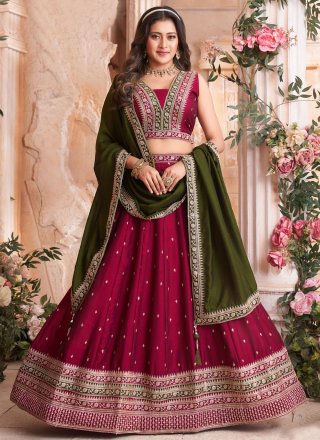 Embroidered and Zari Work Silk Readymade Lehenga Choli In Burgundy