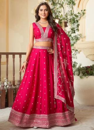 Embroidered and Zari Work Silk Readymade Lehenga Choli In Rani and Red