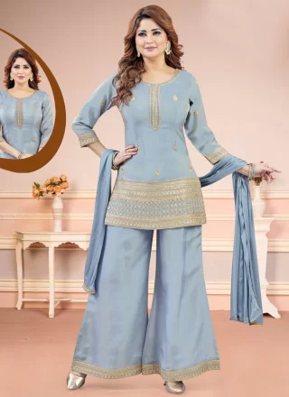 Embroidered and Zari Work Silk Readymade Salwar Suit In Blue