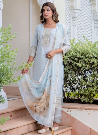 Embroidered and Zari Work Silk Readymade Style In Aqua Blue