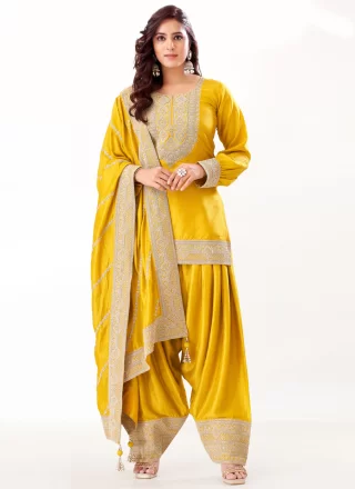 Embroidered and Zari Work Silk Readymade Style In Yellow for Festival