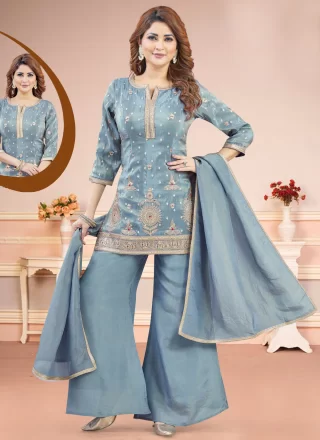 Embroidered and Zari Work Silk Salwar Suit In Blue